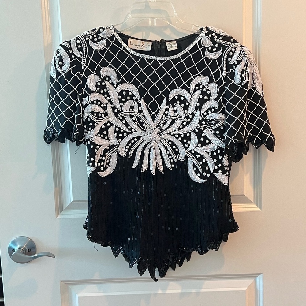 Vintage Laurence Kazar Beaded Sequin Silk Blouse Top Size L